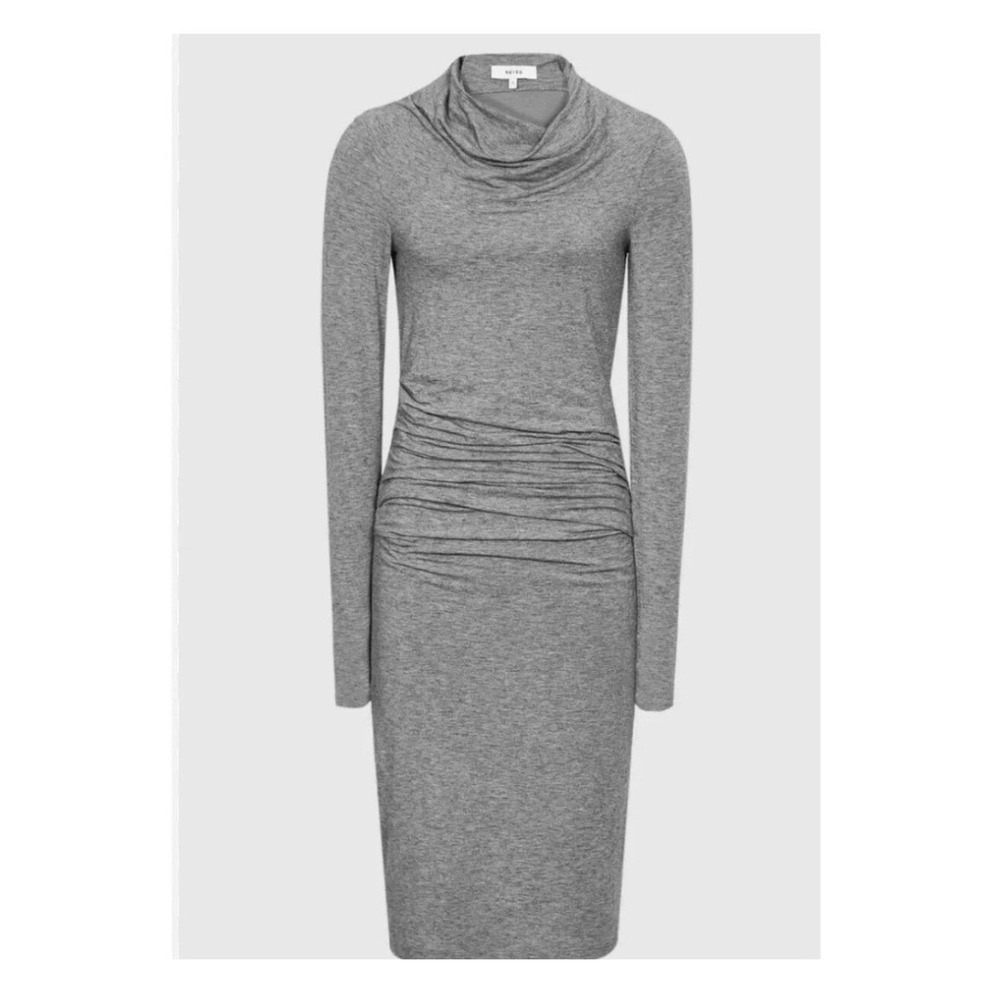NEW Reiss Sara Ruched Bodycon Dress XS Grey Cowl Neck Wool Blend BusinessCasual